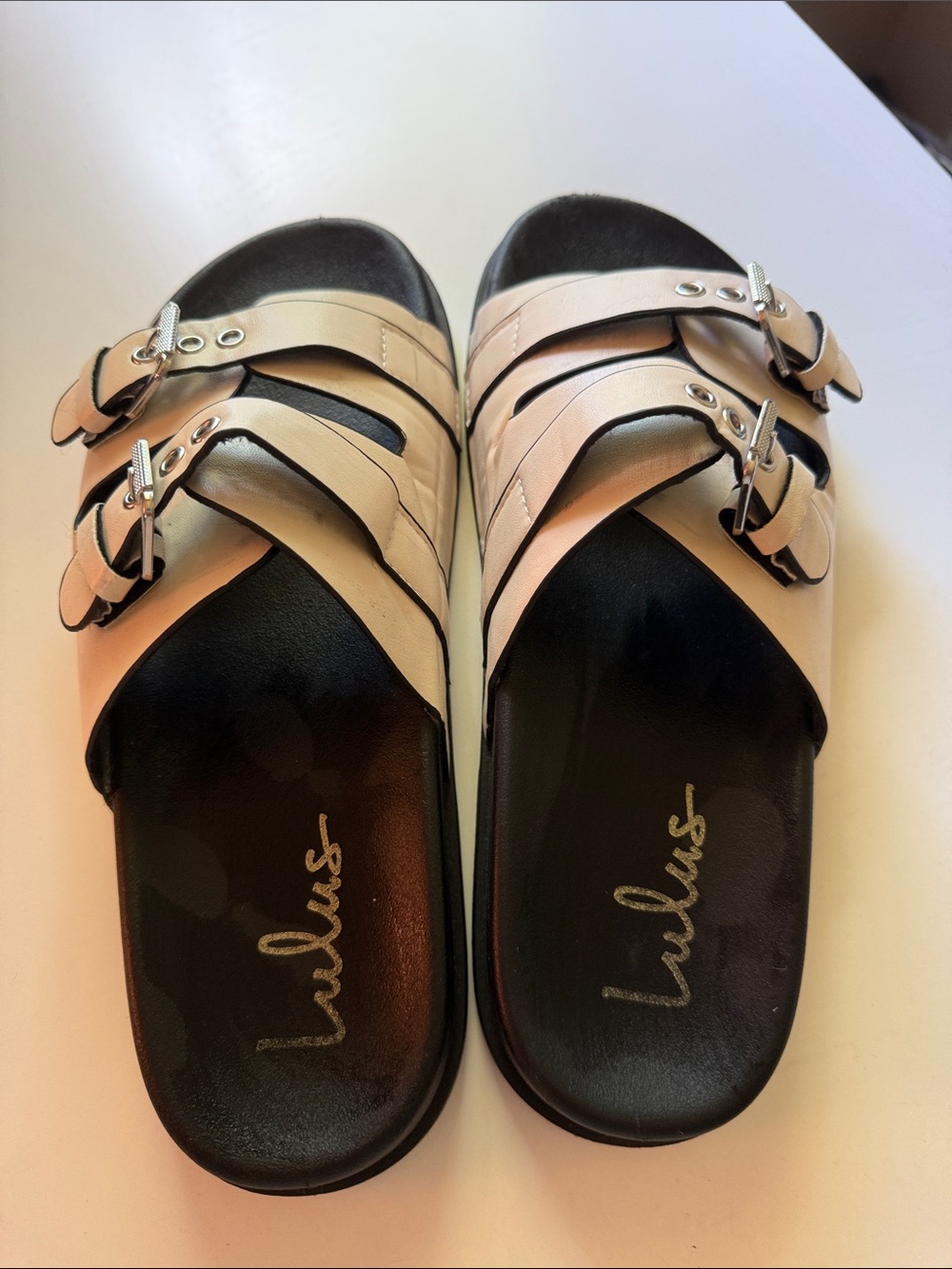 F20 Lulu's Women's Double Buckle Slide Sandals in cream and Black